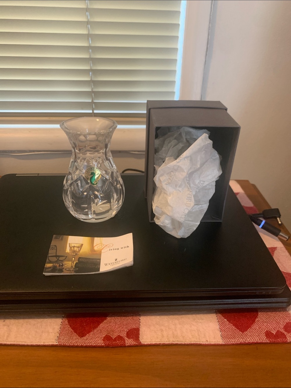 Waterford Clear Crystal Bud Vase with Green Sticker Accent